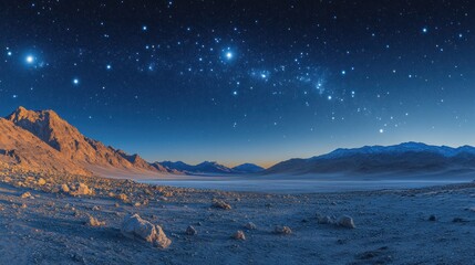 Starry Night over Desert Landscape: Majestic Mountains under a Celestial Canvas