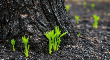 New Plant Growth Emerging Near Burned Tree Trunk After Forest Fire