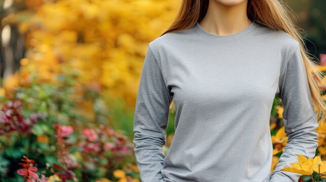 woman wearing a blank long sleeve heather gray bella canvas 3001 tshirt mockup, autumn background 