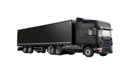 Big black semi-truck moving on transparent background