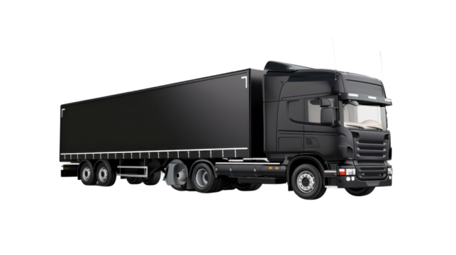 Big black semi-truck moving on transparent background