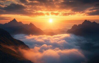 Fototapeta premium Breathtaking Sunrise Over Mountain Peaks with Misty Clouds and Dramatic Skies in Serene Nature Landscape