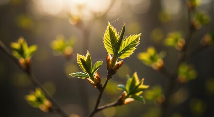 New Spring Leaves Budding on Tree Branch in Warm Sunlight