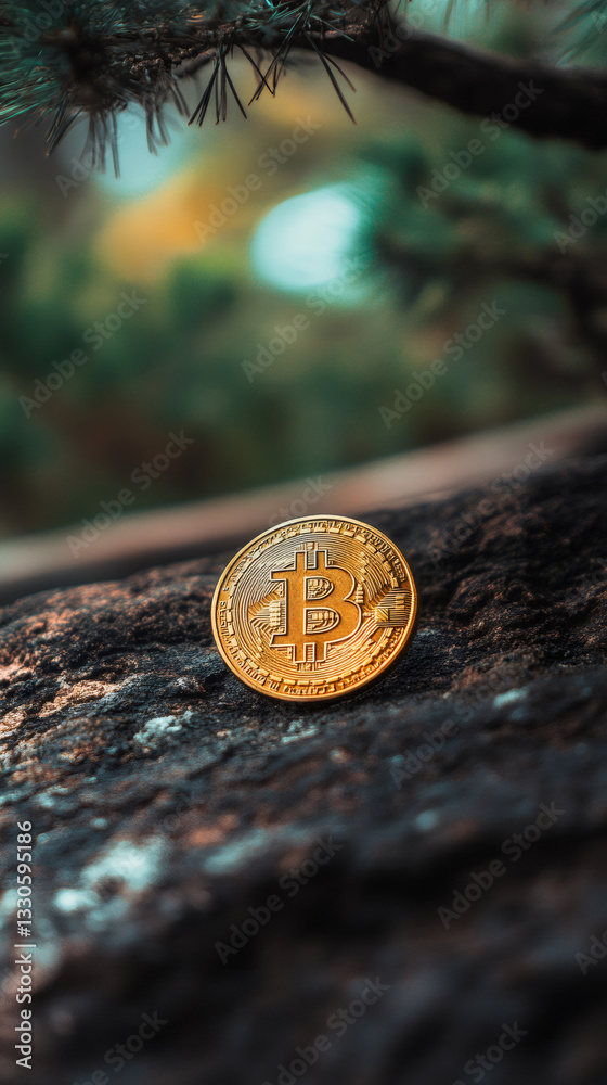 Poster cryptocurrency lying on wooden surface, blurred forest background emphasizing digital finance mergin