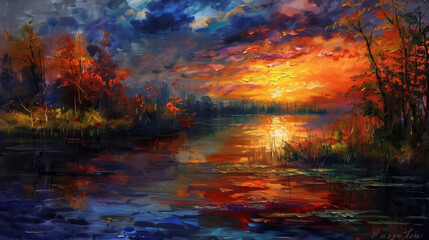 Autumn landscape with river and sunset.