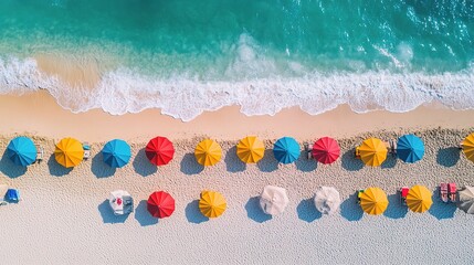 Naklejka premium Aerial View of Colorful Umbrellas on Miami Beach Shoreline