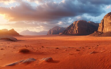 Naklejka premium Breathtaking Sunset Over Majestic Desert Landscape with Dramatic Mountains and Vibrant Orange Sands Illuminated by Soft Golden Light
