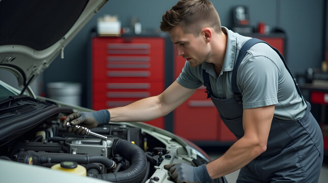 Professional Mechanic in Grey Uniform Repairing Car Engine in Auto Shop | Skilled Automotive Technician Performing Vehicle Maintenance