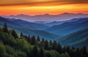 Obraz premium Breathtaking Sunset Over Mountainous Landscape with Layers of Forests and Mysterious Valleys Under Dramatic Sky