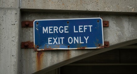 Obraz premium Merge Left Exit Only Sign on Concrete Structure with Rust Stains