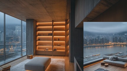 Naklejka premium Modern, minimalist living space with panoramic city views