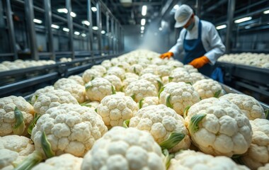 Fresh Cauliflower Harvest in Agricultural Processing Plant with Worker