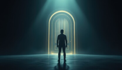Obraz premium Mysterious Silhouette Before Glowing Doorway in Dark Room