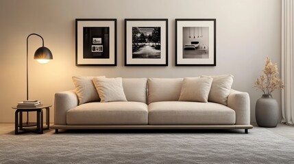 A tranquil minimalist living room with a beige sofa, framed black-and-white photographs on the wall, and soft lighting from a floor lamp