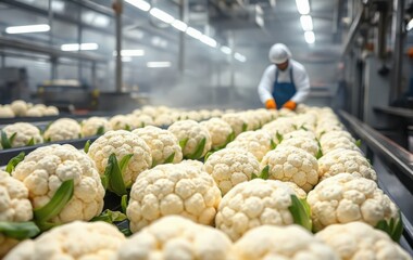 Fresh Cauliflower Harvest in Modern Organic Food Processing Facility