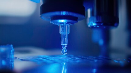 Close-up of dropper dispensing liquid in laboratory setting with blue lighting