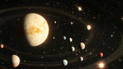 Obraz premium Colorful planets and a bright star orbit within a star field