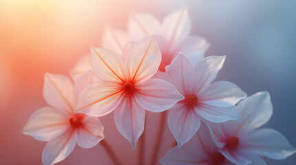 Fototapeta premium Soft Dreamy White Flowers Red Centers Sunlight Floral Blossom Macro Close-up Nature Delicate Petals Bokeh Background