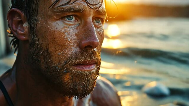 Nachdenklicher Mann mit Bart im Sonnenuntergang