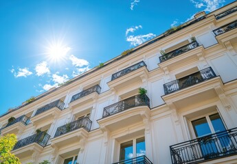Obraz premium Bright Sunny Day Over Elegant White Building with Balconies and Green Plants, Capturing Architectural Beauty in Urban Environment