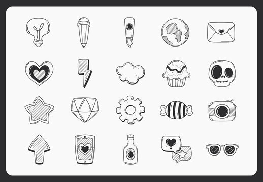 Black Doodle Daily Objects Icons Set