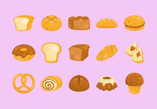 Brown Orange Bread Bakery Food Illustration Set