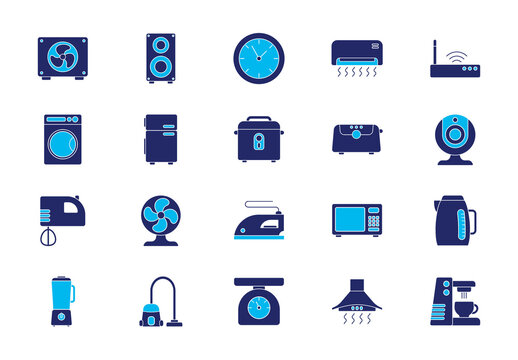 Blue Appliances Household Electronics Icons Set