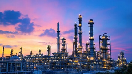 Obraz premium Glowing Oil Refinery Silhouetted Against Sunset Sky