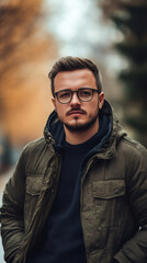 Obraz premium Confident young professional standing outdoors, sporting green jacket and eyeglasses against urban backdrop