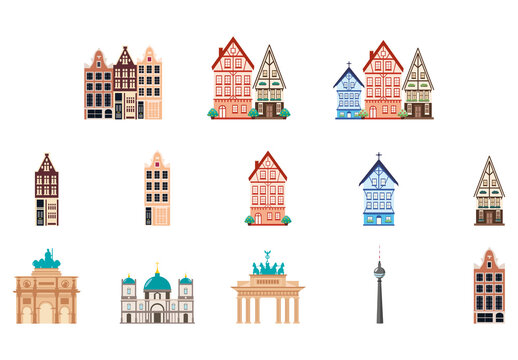 Colorful German Historic Buildings Illustration Set