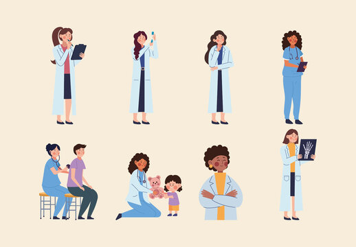 Colorful Female Doctor Character Illustration Set