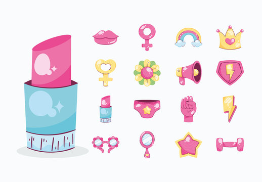 Colorful Feminist Girl Power Illustration Icons Set