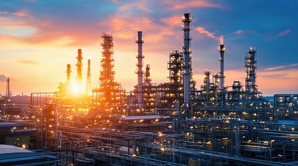 Close-Up View of Oil Refinery at Sunrise with Dramatic Sky Colors