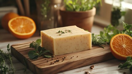 Natural soap bar resting on a wooden board, accompanied by fresh orange slices, aromatic herbs, and spices, creating a serene spa like setting
