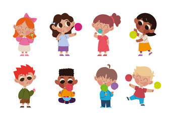 Colorful Kid Eating Sweet Candies Illustration Set