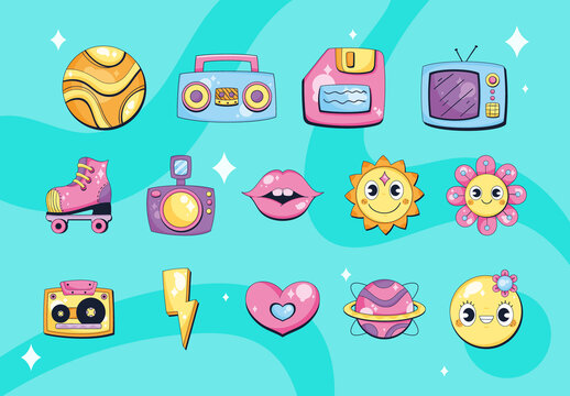 Colorful Retro Music Boombox Illustration Set