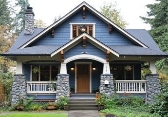 Charming blue craftsman-style house with stone accents and well-kept landscaping in a serene neighborhood setting surrounded by trees