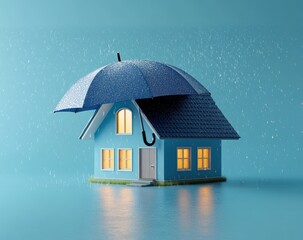 Charming blue house with an umbrella on a rainy day, symbolizing safety and protection in adverse weather conditions, emphasizing home and security concepts
