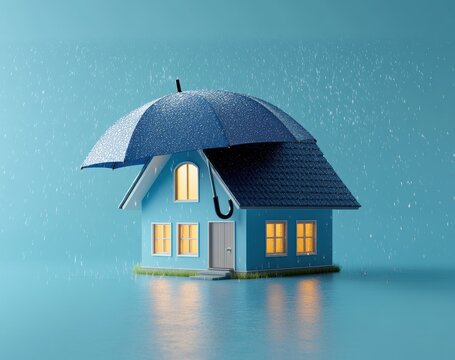Charming blue house with an umbrella on a rainy day, symbolizing safety and protection in adverse weather conditions, emphasizing home and security concepts