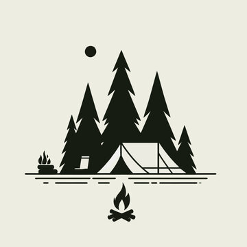 Logo vectoriel en style minimaliste noir avec 6 images de camping et nature sur fond clipart transparent isol&eacute;, parfait pour le branding et projets outdoor.