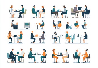 Workplace office life cartoon flat illustrations mega bundle. Diverse employees corporate job 2D images isolated on white. Meeting teamwork. Telework business collection vector drawings colorful