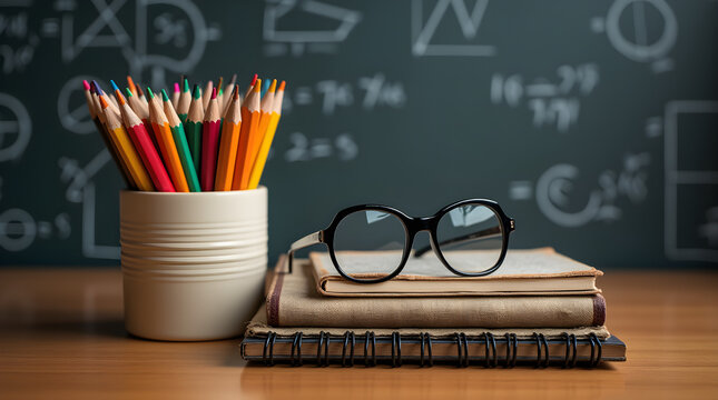 Colorful Pencils Glasses Books Math Chalkboard Desk - Education Still Life - Powered by Adobe