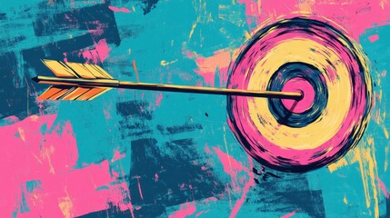 Pop art illustration of a target with an arrow hitting the bullseye on a vibrant pink and blue background, symbolizing success, focus, and achievement.