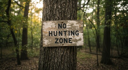 No Hunting Zone Sign Attached to a Tree in the Forest