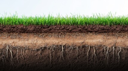 Cross section of soil layers showcasing grass roots and varying soil types to illustrate ecological diversity and earth structure