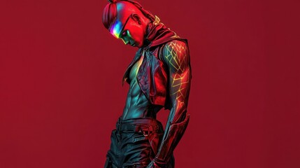 4w androgyne dÃ©mon, red skin, cyberpunk clothes, muscle abs, cyberpunk half long hairstyle, rainbow tattoo shining shine under her skin, large view, full body view
