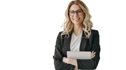 Smiling businesswoman holding tablet with transparent background