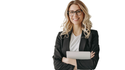 Smiling businesswoman holding tablet with transparent background