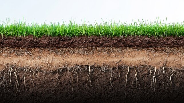 Cross section of soil layers showcasing grass roots and varying soil types to illustrate ecological diversity and earth structure