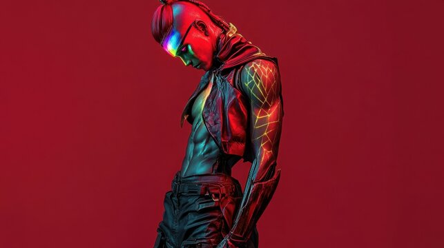 4w androgyne d&Atilde;&copy;mon, red skin, cyberpunk clothes, muscle abs, cyberpunk half long hairstyle, rainbow tattoo shining shine under her skin, large view, full body view